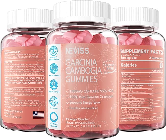 Sugar Free Garcinia Cambogia Gummies 1000mg 95% HCA with L-Carnitine, Raspberry Ketone, Chromium, Green Coffee Bean for Metabolism, Energy Boost, 100% Organic Extract, Vegan, Strawberry Flavor 60 Cts