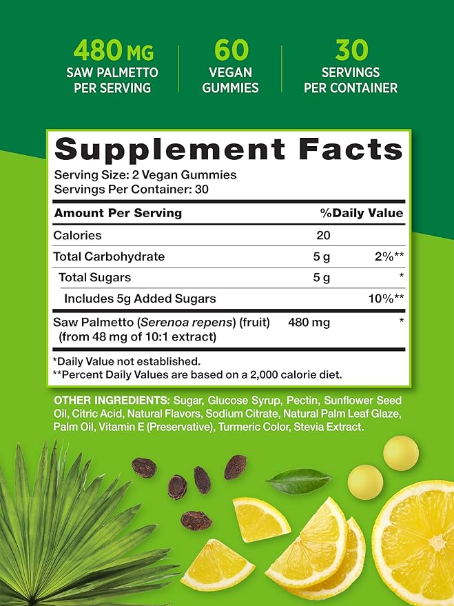 Nature's Truth Saw Palmetto Gummies | 60 Count | Vegan, Non-GMO & Gluten Free Extract | Lemon Flavor | Formulated for Men