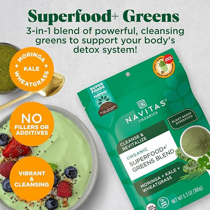 Navitas Organics Superfood+ Greens Blend for Detox Support (Moringa + Kale + Wheatgrass), 6.3oz Bag, 30 Servings — Organic, Non-GMO, Vegan, Gluten-Free, Keto & Paleo.