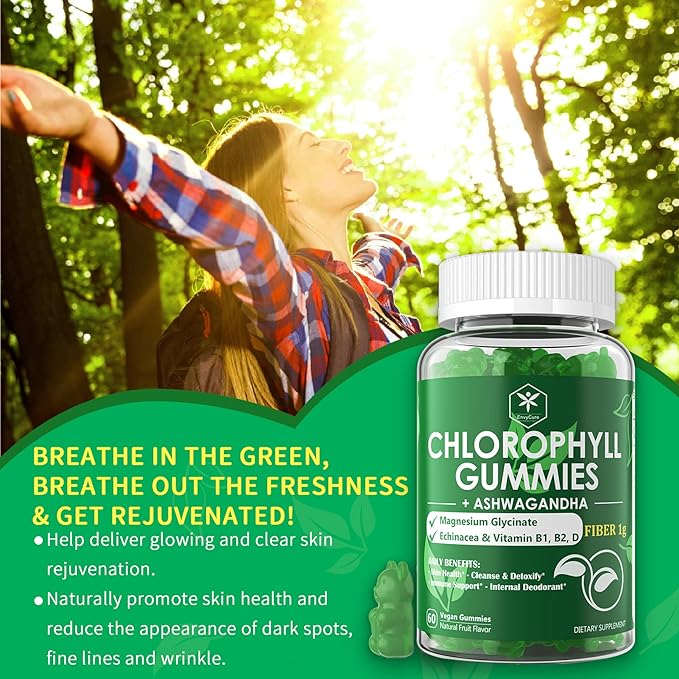 Chlorophyll Fiber Gummies 200mg +Ashwagandha, with Magnesium Glycinate, Echinacea, Vitamin D B1 B2 for Internal Deodorant, Comfort Digestion, Healthy Skin, Metabolism Support, Fresh Body Odor, 2 Packs