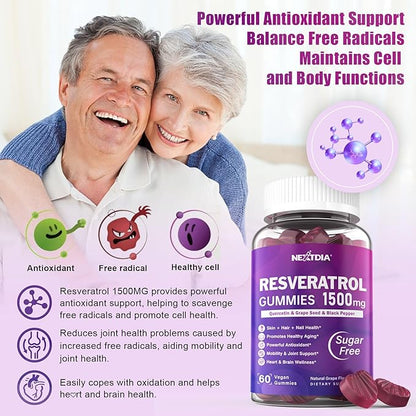 Resveratrol Gummies 1500mg - Sugar Free Resveratrol Supplement with Quercetin, Grape Seed, Acai Berries Extracts Support Antioxidant, Healthy Aging & longevity, Skin, Joint, Brain Wellness - Vegan