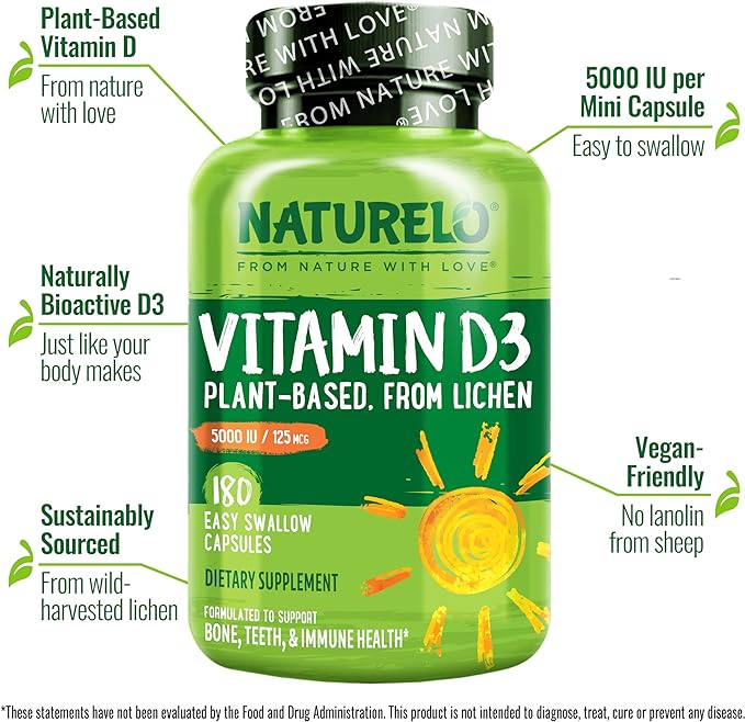 NATURELO Vitamin D - 5000 IU - Plant Based from Lichen - Natural D3 Supplement for Immune System, Bone Support, Joint Health - High Potency - Vegan - Non-GMO - Gluten Free - 180 Capsules