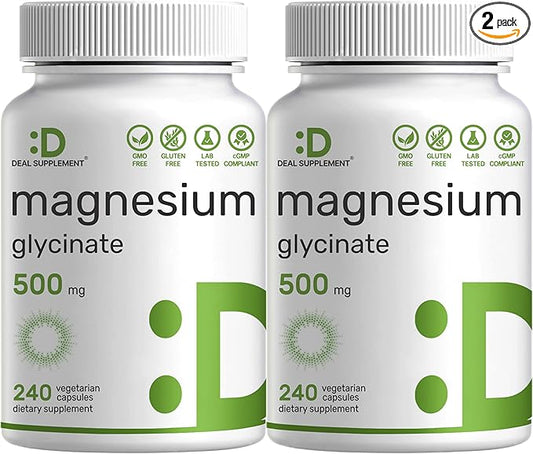 DEAL SUPPLEMENT 2 Pack Magnesium Glycinate 500mg, 480 Veggie Capsules | Chelated for Easy Absorption | Highly Purified Essential Trace Mineral for Muscle, Joint, Heart, & Digestive Health