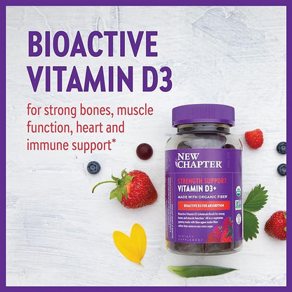 New Chapter Organic Vitamin D3+ Gummies – 72% Less Sugar§, 1,000 IU USDA Organic Vitamin D, ONE Daily Gummy for Strong Bones & Muscle Function, Non-GMO, Gluten Free, Mixed Berry Flavored, 60ct