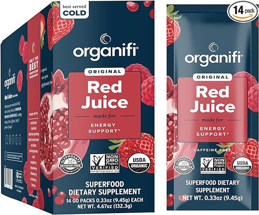 Organifi Red Juice - Vegan Energy Powder - Berry-Flavored Adaptogen Drink - Caffeine Free, 14 Go Packets