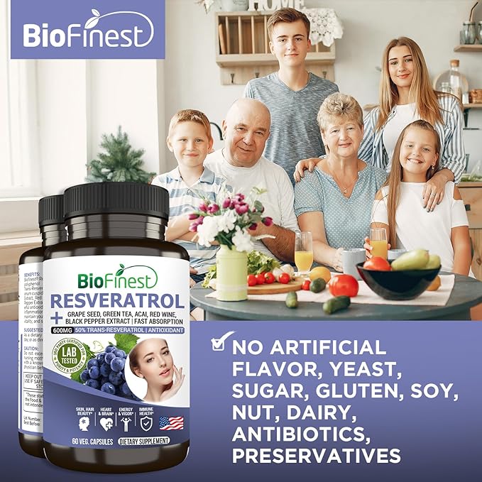 Resveratrol 1200mg Supplement - 50% Trans Resveratrol Antioxidant - Acai Berry Grape Seed Green Tea Black Pepper Red Wine Extract - Skin Beauty Brain Heart - Made in USA (60 Veg. Capsules)