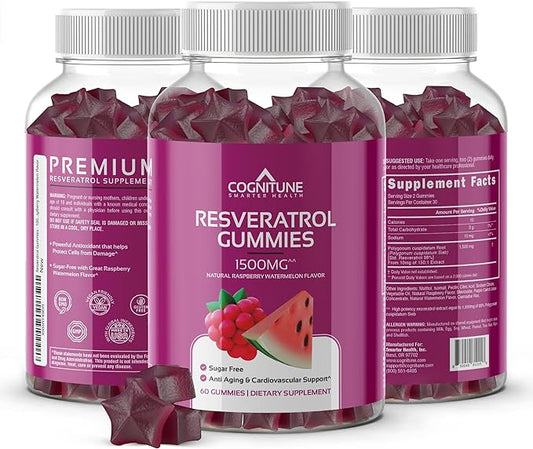 Resveratrol Gummies - Sugar Free Natural Raspberry Watermelon Flavor, 1500mg Resveratrol Supplement for Heart, Brain, Immune Support & Wellness, Powerful Antioxidant with Anti-Aging Benefits