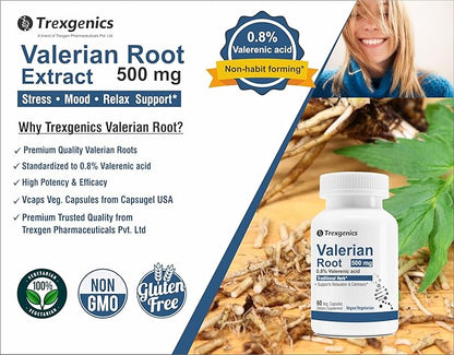 Trexgenics Valerian Root 500 mg 0.8% Valerenic Acid Stress, Calmness & Relaxation Support (60 Vegan Capsules) (Pack of 1)