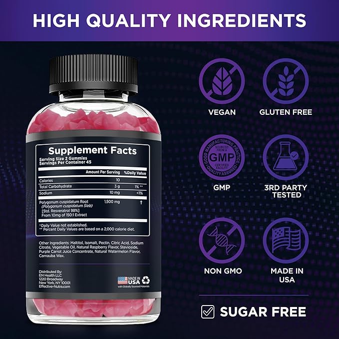 Resveratrol Gummies 1500mg - Sugar Free Resveratrol Supplement for Antioxidant Support, Immunity, Heart Health, Brain Function - Natural Raspberry Watermelon Flavor (90 Count)