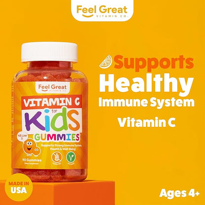 Feel Great Vitamin C Gummies for Kids | Chewable Orange Flavored Gluten Free & Vegetarian Gummies| Immune Support for Kids | 250 MG Kids Vitamin C | 45 Day Supply