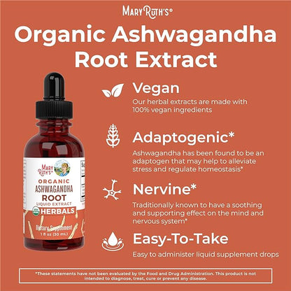 Ashwagandha Root | USDA Organic Ashwagandha Liquid Drops | Natural Calm | Relaxation | Stress and Mood Support Supplement | Adaptogenic | Nervine | Supports Cognitive Health | Vegan | 60 Servings