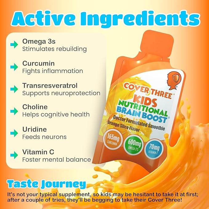 Cover Three Kids Brain Supplement Smoothie, Omega 3 Liquid Childrens DHA Fish Oil - Emotional, Physical Health - Focus and Attention, Heart, Vision Support, 20 Pouches (Orange) (3 Boxes)