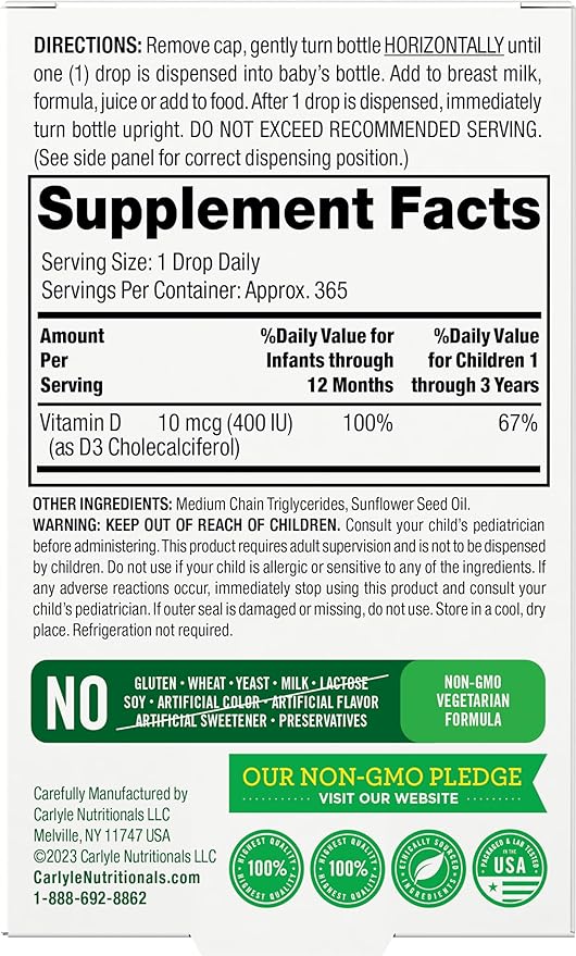 Carlyle Baby Vitamin D3 400 IU Liquid Drops .31oz (9.2 mL) 1 Year Supply (365 Servings) Vegetarian, Non-GMO, and Gluten Free by Lil' Sprouts