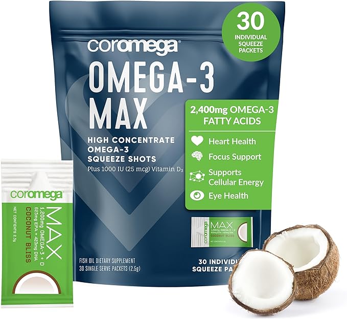 Coromega MAX High Concentrate Omega 3 Fish Oil with Vitamin D, 2400mg Omega-3s with 3X Better Absorption Than Softgels, 30 Single Serve Packets, Coconut Bliss Flavor