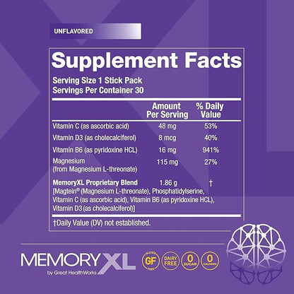 MemoryXL, Magnesium L-Threonate: Brain Supplement for Memory & Focus; Magtein®, Phosphatidylserine, Vitamin Mix. Improves Memory Focus Attention Learning & Logic. 0 Sugar, 0 cal, 30pk Unflavored