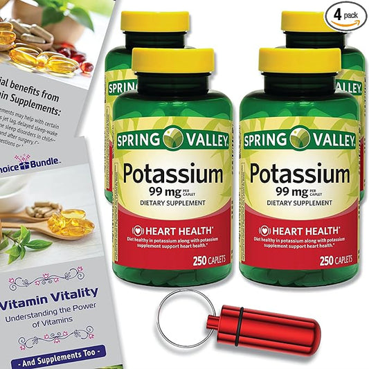 Spring Valley Potassium Heart Health Dietary Supplement Caplets 99 mg 250 CT 4 pk Choice Bundle (1000 Total) + “Vitamin Vitality” Guide & Keychain Pill Container (6 Items)!