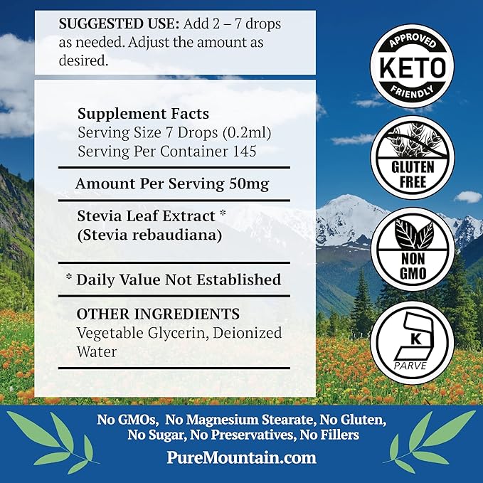 Pure Mountain Botanicals Liquid Stevia Drops - Natural Sweetener - Concentrated Sugar Free Substitute Diabetic Friendly Ideal for Keto Low Carb and Vegan Diet Great Addition to Weight Loss Program