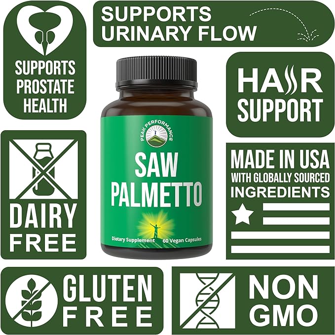 Peak Performance Saw Palmetto Capsules for Men and Women 1000mg All Natural Saw Palmetto Extract Pills for Prostate Support. DHT Blocker Supplement for Hair Loss, Prostate Health, Urinary Flow