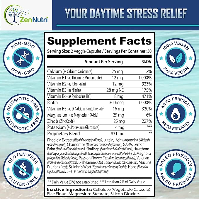 Calm Prime Stress Relief Supplement Non-Drowsy | Mood Support Supplement | Mood Boost | Vegan Daytime Stress Supplements Calm Aid | Stress Vitamins - Ashwagandha, Valerian Root - 60 count