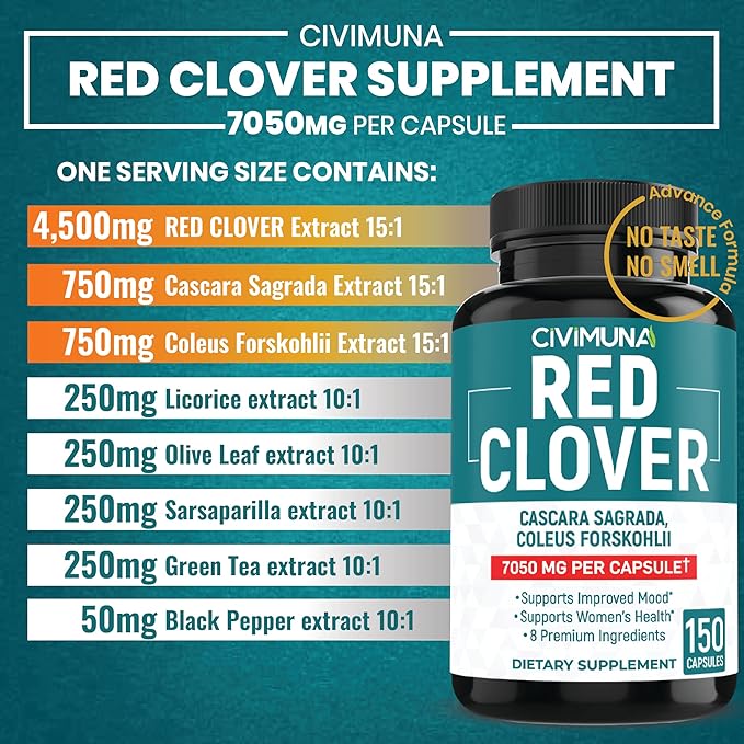 Red Clover Extract Capsules | 7050mg | 150 Capsules - 5 Months Supply | Red Clover, Cascara Sagrada Bark, Coleus Forskohlii.