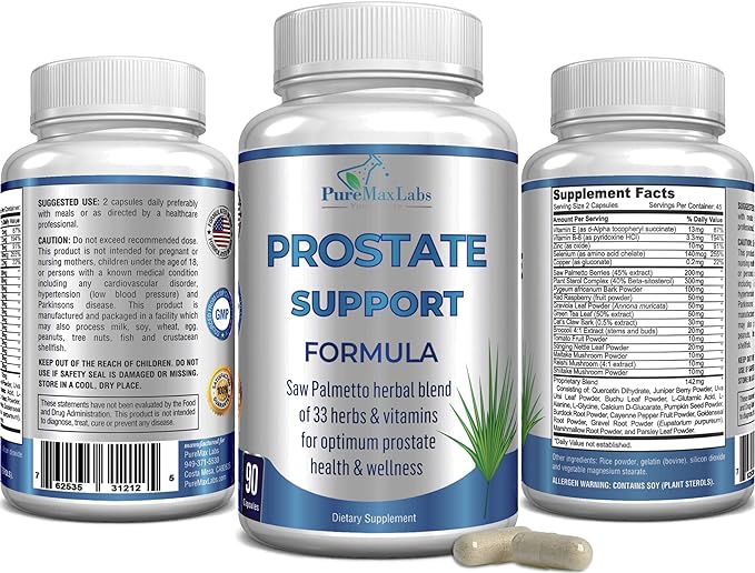 Prostate Support Formula for Men - Saw Palmetto, Plant Sterol, 33 Herbs, Bladder Control Pills to Reduce Frequent Urination & DHT Blocker to Prevent Hair Loss | Prostate Supplement | 90 Capsules