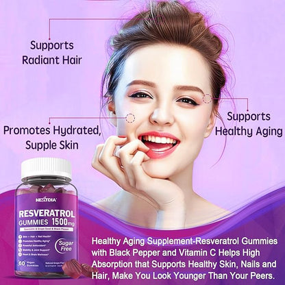 Resveratrol Gummies 1500mg - Sugar Free Resveratrol Supplement with Quercetin, Grape Seed, Acai Berries Extracts Support Antioxidant, Healthy Aging & longevity, Skin, Joint, Brain Wellness - Vegan