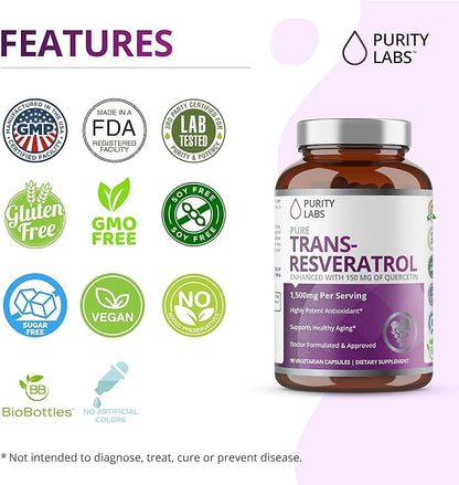 Purity Labs Pure Trans-Resveratrol Supplement + Quercetin 1500mg, Vegan Supplements for Heart, Skin Hair Nails, Anti Aging Antioxidant Supplement 90ct