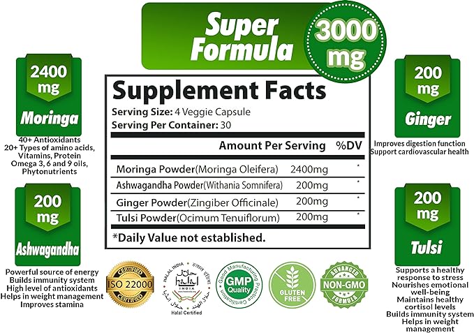 Organic Moringa Powder Capsules 3000mg with Ashwagandha, Ginger, Holy Basil Tulsi - Energy Booster, Immune Support - Oleifera Leaf Powder Herb Supplements, 120 Capsules