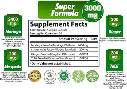 Organic Moringa Powder Capsules 3000mg with Ashwagandha, Ginger, Holy Basil Tulsi - Energy Booster, Immune Support - Oleifera Leaf Powder Herb Supplements, 120 Capsules