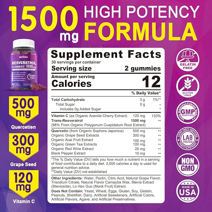 Resveratrol Gummies 1500mg - Resveratrol Supplement with Quercetin, Grape Seed, Red Wine, Black Pepper Extracts Support Antioxidant, Healthy Aging & Brain Wellness - Vegan, Natural Grape Flavor, 60Ct