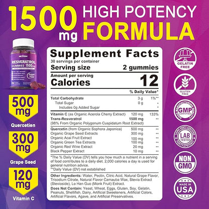 Resveratrol Gummies 1500mg - Resveratrol Supplement with Quercetin, Grape Seed, Red Wine, Black Pepper Extracts Support Antioxidant, Healthy Aging & Brain Wellness - Vegan, Natural Grape Flavor, 60Ct