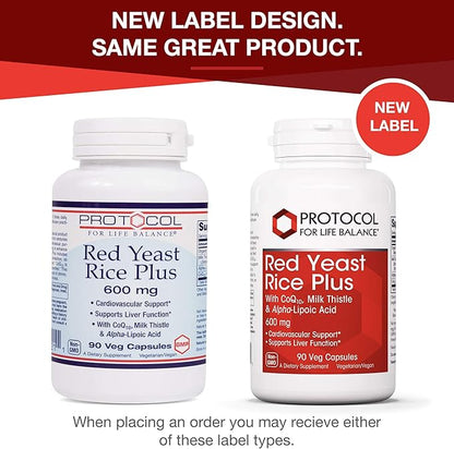 Protocol Red Yeast Rice Plus 600mg - ALA, CoQ10, Milk Thistle - Heart, Liver - 90 Veg Caps