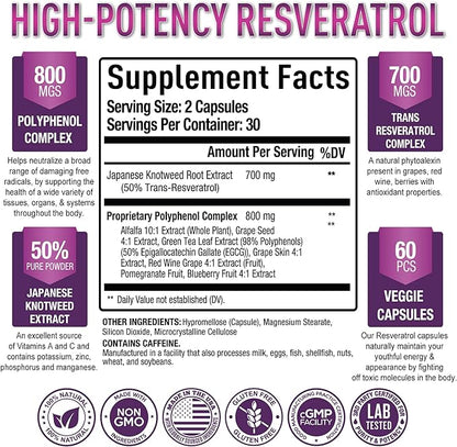 Premium Resveratrol Supplement 1500mg - Max Strength, Trans Resveratrol Capsules - with Grape Seed & Green Tea Extract - 30 Days Supply