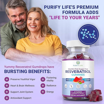 Purify Life Sugar-Free Resveratrol Gummies - Potent 1500mg Resveratrol Supplement to Support Digestive & Immune Health - Resveratrol Supplement for Antioxidant Support, Cell Regenerator & Repair