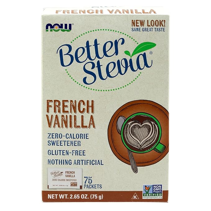 NOW Foods, BetterStevia French Vanilla Granulated Packets Zero-Calorie Sweetener, Keto Friendly, Suitable for Diabetics, No Erythritol 75 Count