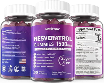 Resveratrol Gummies 1500mg - Sugar Free Resveratrol Supplement with Quercetin, Grape Seed, Acai Berries Extracts Support Antioxidant, Healthy Aging & longevity, Skin, Joint, Brain Wellness - Vegan