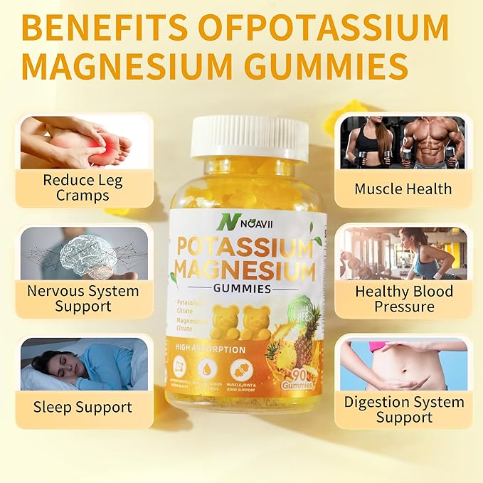 Potassium Magnesium Gummies, New Formula Calm Magnesium Glycinate Gummies, Chewable Gummy Supplements for Leg Cramps & Muscle, Pineapple Flavor 90 Count