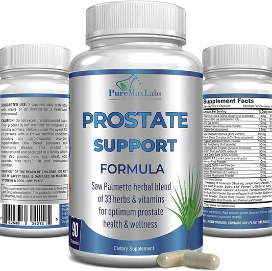 Prostate Support Formula for Men - Saw Palmetto, Plant Sterol, 33 Herbs, Bladder Control Pills to Reduce Frequent Urination & DHT Blocker to Prevent Hair Loss | Prostate Supplement | 90 Capsules