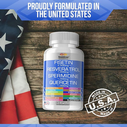 Fisetin 2500mg Resveratrol 1000mg Spermidine Wheat Germ 1000mg Quercetin 1000mg Supplement with Collagen, Glutathione, Berberine, NAD, Rhodiola, AKG, Apigenin, I3C Turmeric - Made in USA