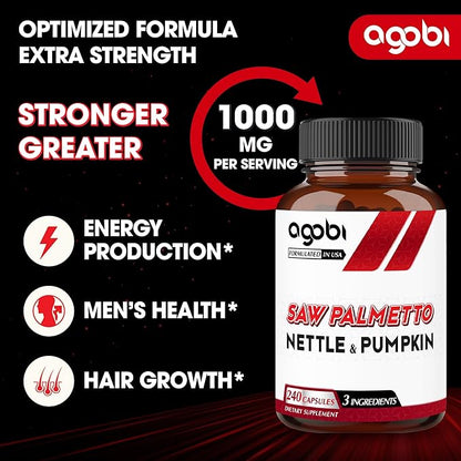 agobi 1000mg Saw Palmetto Supplement with Nettle Leaf & Pumpkin - High Extract Support for Restful Mood, Hair Health, Immune System & Energy Production - 240 Veggie Capsules for 4-Month Suppply