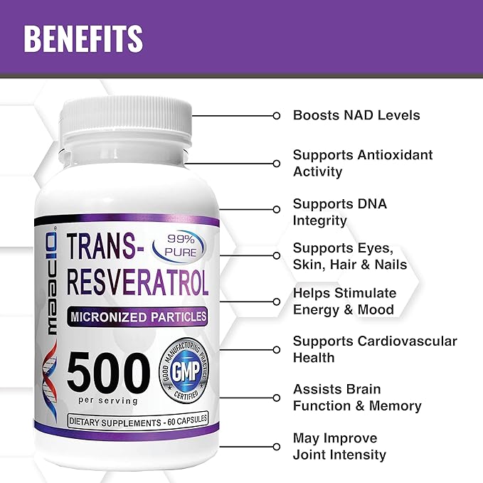 MAAC10 - Trans Resveratrol 500mg 3-Pack (Micronized Pharmaceutical Grade 99% Pure Trans-Resveratrol Extract + BioPerine for Superior Absorption).