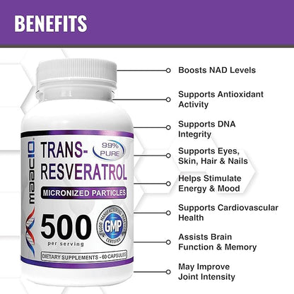 MAAC10 - Trans Resveratrol 500mg 3-Pack (Micronized Pharmaceutical Grade 99% Pure Trans-Resveratrol Extract + BioPerine for Superior Absorption).