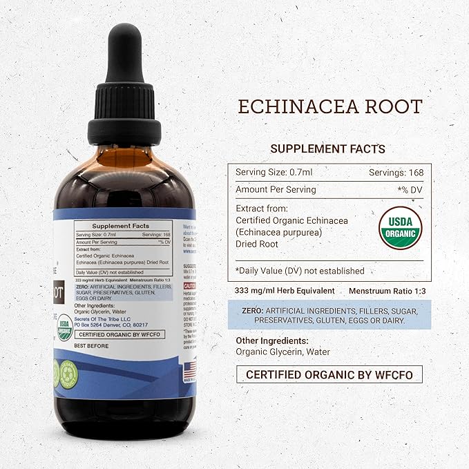 Echinacea Root USDA Organic Tincture | Alcohol-Free Extract, High-Potency Herbal Drops, Immune System Health | Made from 100% Certified Organic Echinacea Root (Echinacea Purpurea) 2x4 oz