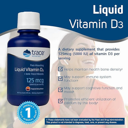 Trace Minerals | Liquid Vitamin D3 | 126 mcg (5000 IU) D3 with Full Spectrum of Ionic Trace Minerals | Fast Absorbing, High Potency | Natural Tropical Cherry Flavor | 32 Servings, 16 fl oz