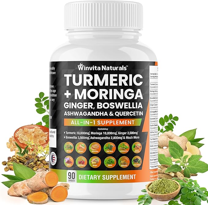 Turmeric Curcumin 10000mg Moringa 10000mg Boswellia 3500mg Ginger 2500mg Saffron 2000mg - Joint Support Supplement for Women and Men with Ceylon Cinnamon, Quercetin, Tart Cherry Vegan Capsules USA