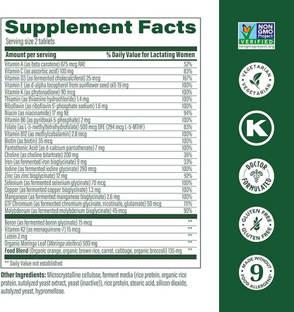 MegaFood Baby & Me 2 Postnatal Vitamins for Breastfeeding Moms with Folate (Folic Acid Natural Form), Choline, Iodine, Vitamin D, Moringa Leaf and More - 120 Tabs (60 Servings)