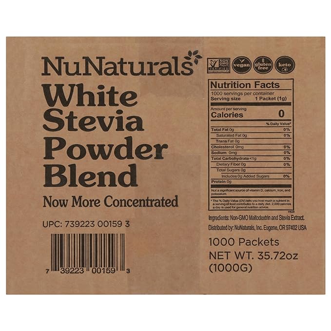 NuNaturals White Stevia Powder Packets, Single-Serve, Zero Calorie Sugar Substitute, 1000 count