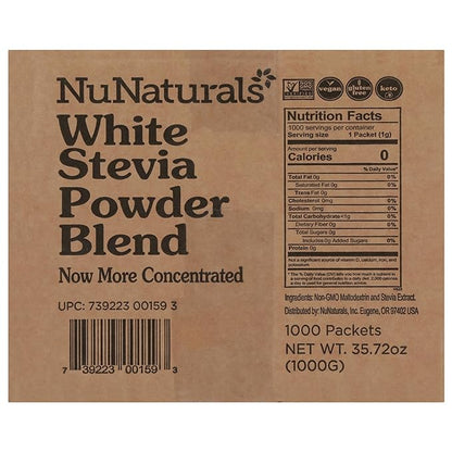 NuNaturals White Stevia Powder Packets, Single-Serve, Zero Calorie Sugar Substitute, 1000 count