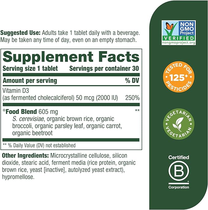 MegaFood Vitamin D3 2000 IU (50 mcg) - Immune Support Supplement - Bone Health -with easily-absorbed Vitamin D3 - Plus real food - Non-GMO, Vegetarian - Made Without 9 Food Allergens - 30 Tabs