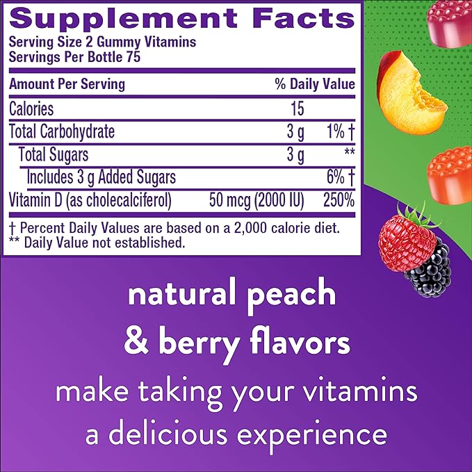 Vitafusion Vitamin D3 Gummy Vitamins for Bone and Immune System Support, Peach, Blackberry and Strawberry Flavored, 50 mcg Vitamin D, 75 Day Supply, 150 Count